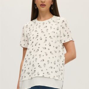Hilary Radley White Floral Short Sleeve Layered Blouse